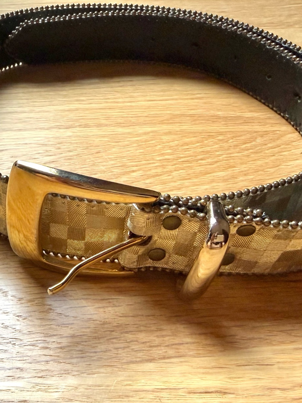 Women’s Gold Checkered Leather Belt with Gold Buckle size M